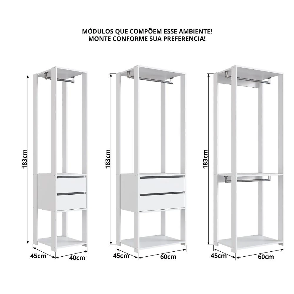 Guarda Roupa Closet 3 Peças com 3 Cabideiros 4 Gavetas 2 Nichos Easy Prodecor Branco