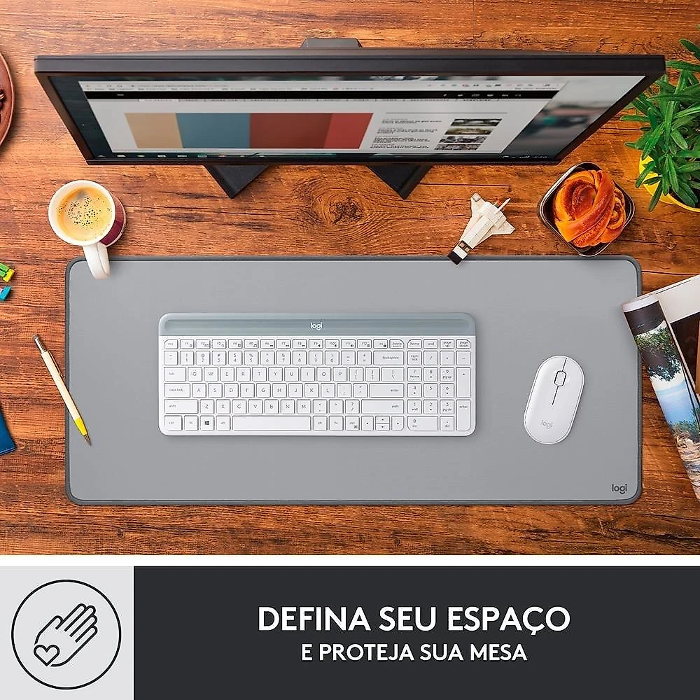 Mousepad Desk Mat Logitech Studio Series, Grande 300x700mm, Antiderrapante, Design Resistente a Respingos, Cinza - 956-000047