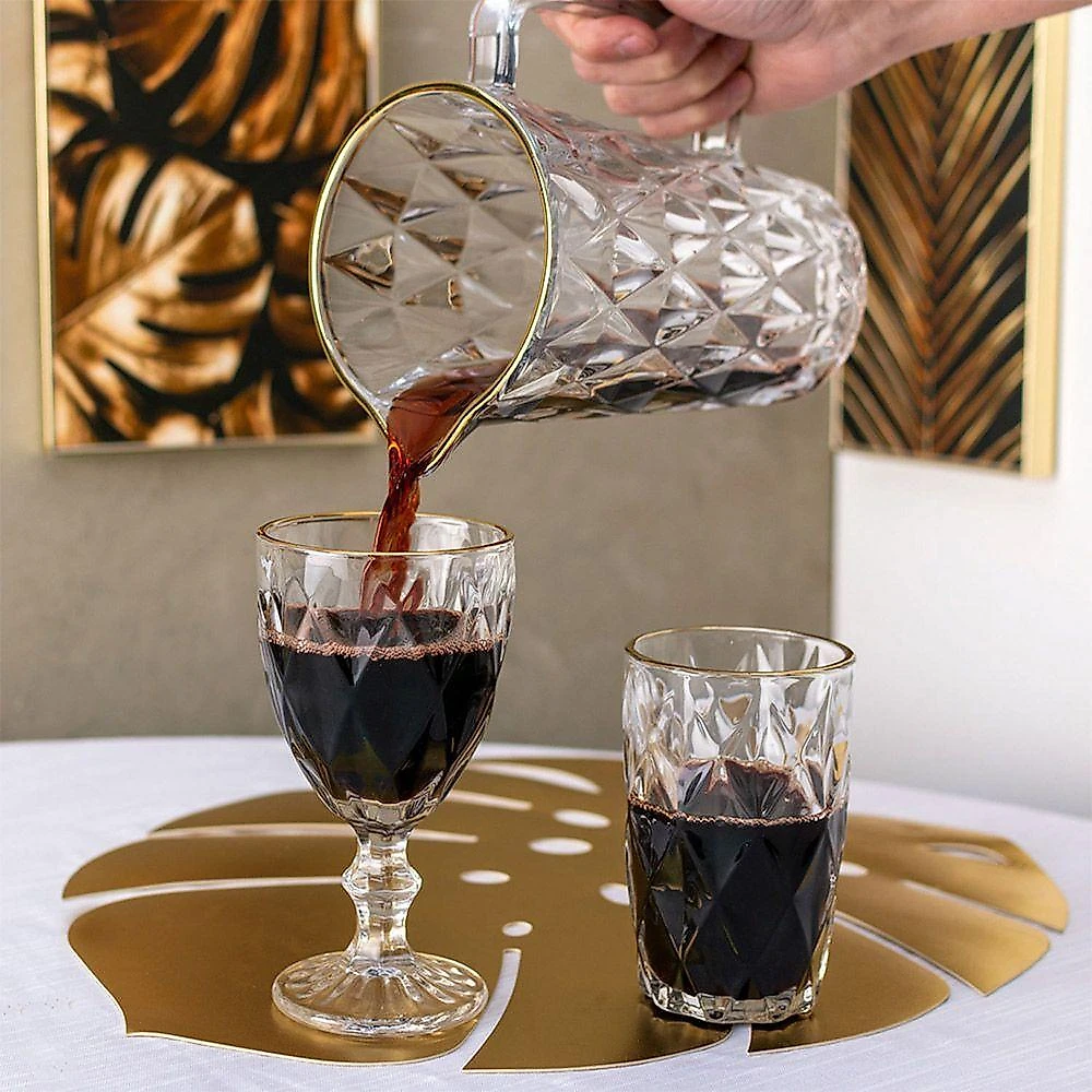 Jogo Jarra 1l Diamond Com 4 Taças De Vidro 325ml Fio De Ouro Borda Dourada água Suco Lyor