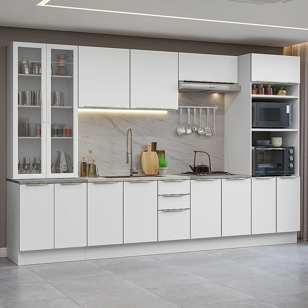 Armário de cozinha completa 340cm branco/branco veludo lux madesa 02