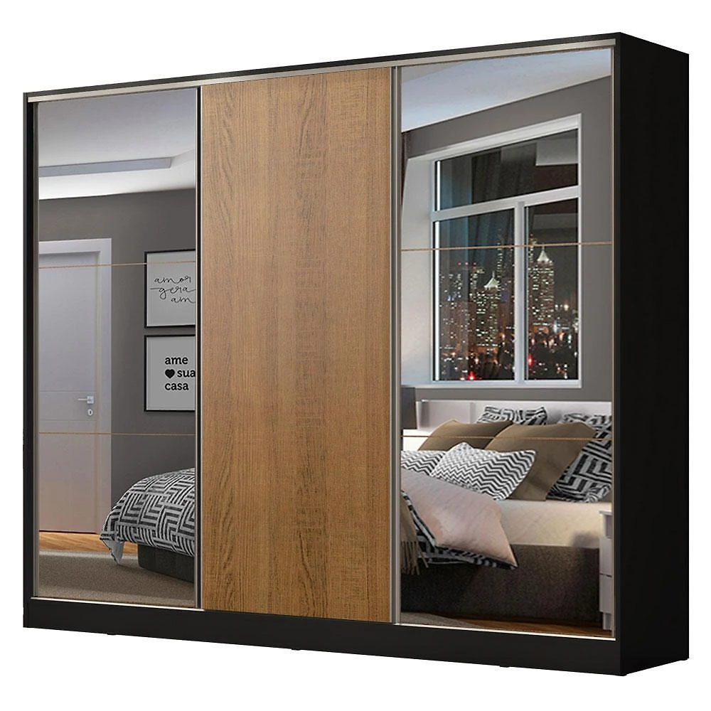 Guarda roupa casal 100% mdf madesa zurique 3 portas de correr com espelhos - preto/rustic