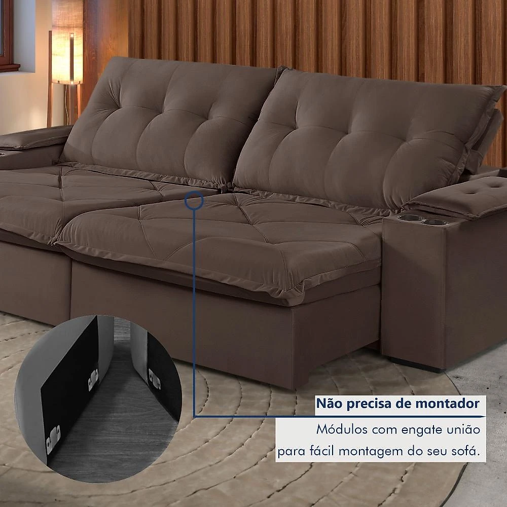Sofá Retrátil e Reclinável com Entrada USB e Porta Copos 250cm Veneza Yescasa Sofá Retrátil e Reclinável 250cm M163 com Porta Copos Yescasa Veludo/Marrom Escuro