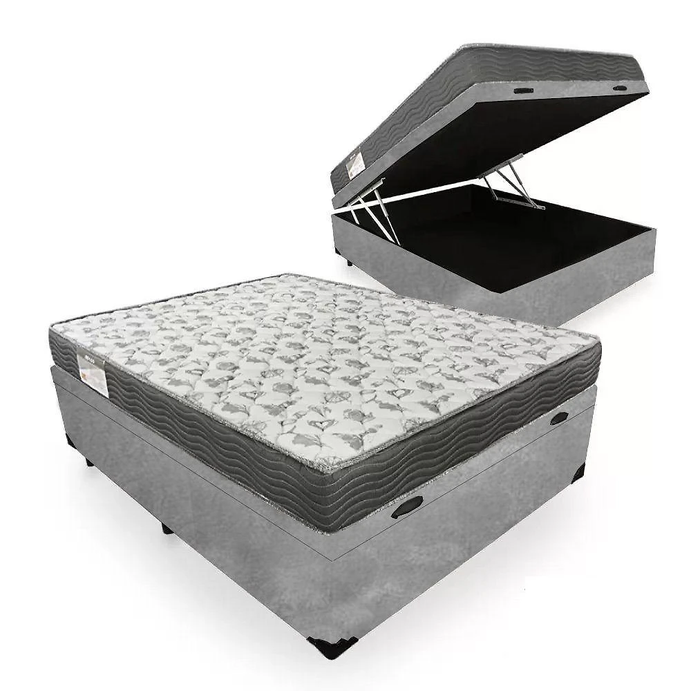 Cama Box com Baú Casal 138cm Sereneprime com Colchão Espuma D33 Suede Cinza Sereneprime