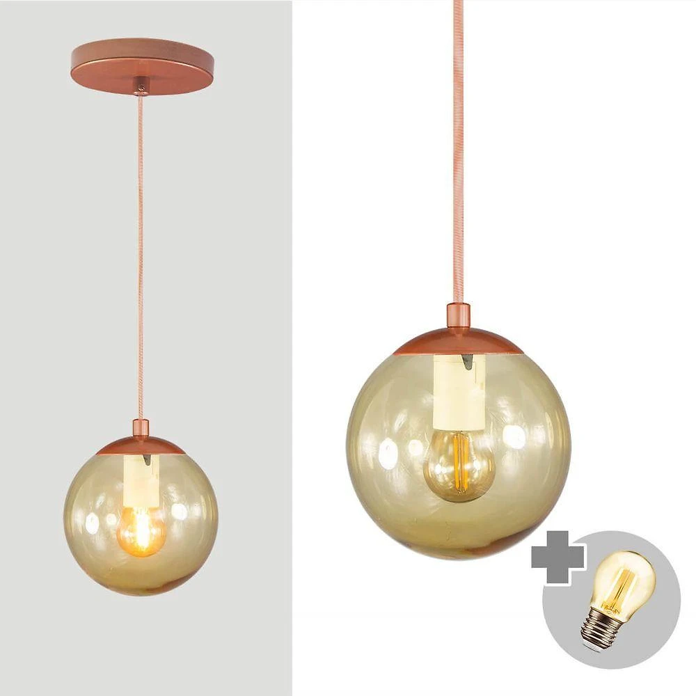 Pendente Bronze C/ Globo De Vidro Ambar De 14cm + Led 2w