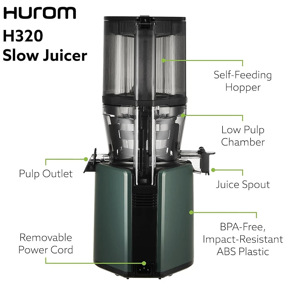 Prensa de Sucos Hurom H320, Verde Escuro e Verde Kale: Máquina de Suco a Frio para Frutas e Vegetais, Livre de BPA, Alta Produção
