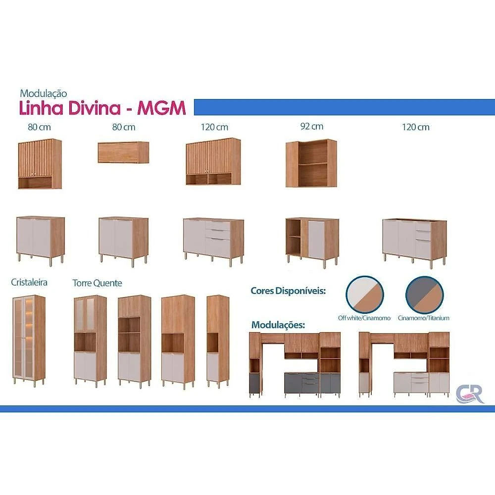 Cozinha Completa 6 Peças Divina 3 Portas 2 Gavetas MDF Cinamomo e Off White MGM