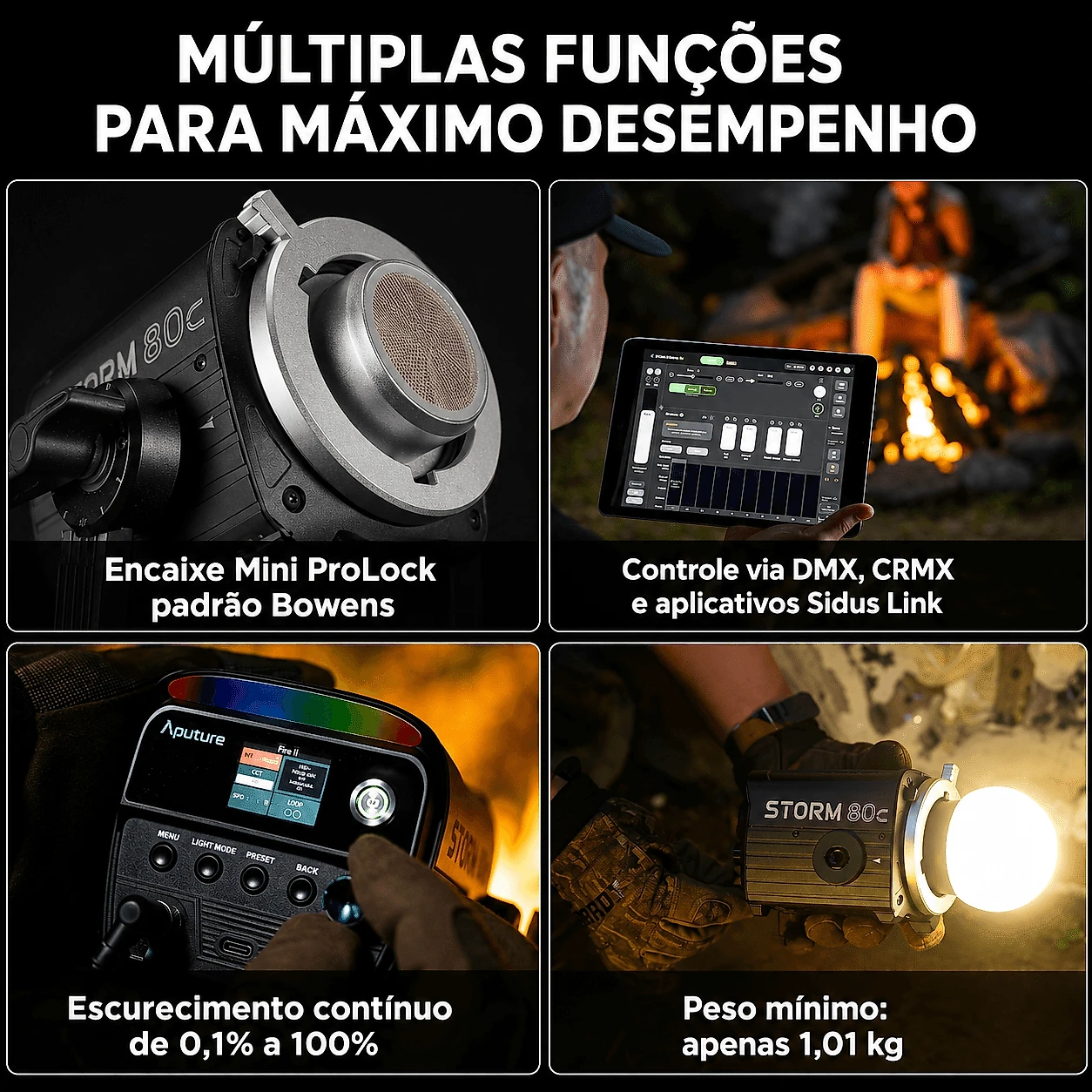 Kit 3 Iluminadores LED Aputure STORM 80c BLAIR-CG Full Color 80W IP65 e Case (Bivot)