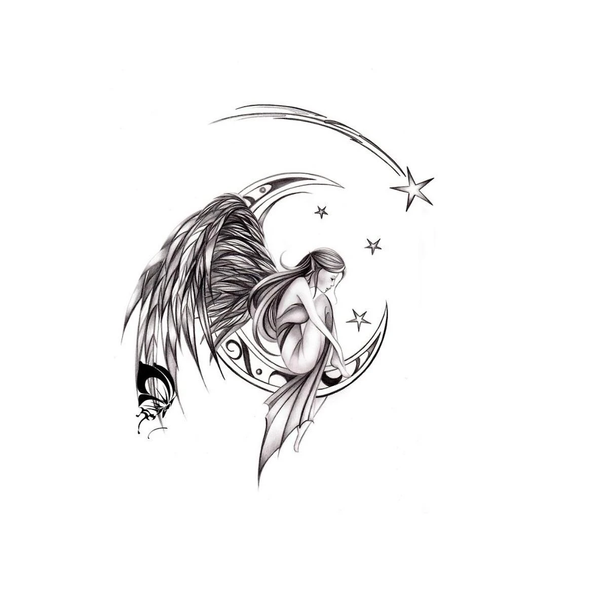 Miniatura Tatuagem Meia Lua Anjo E Estrelas Universo
