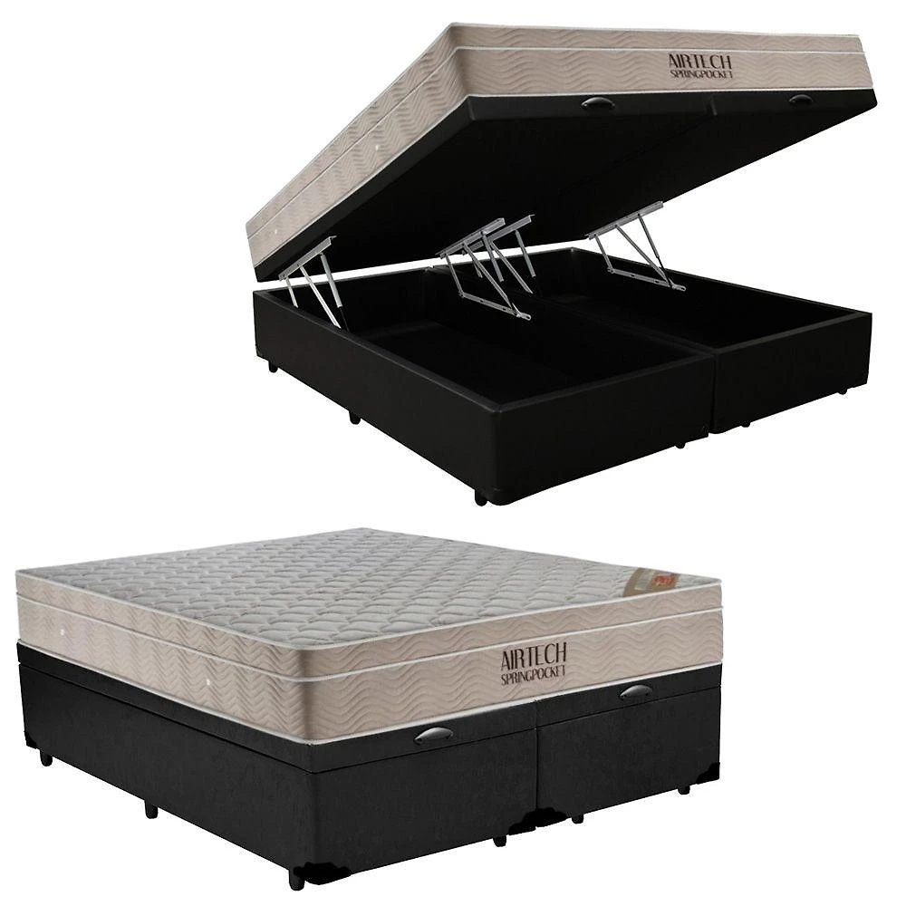 Cama Box Baú Queen Bipartido com Colchão Airtech Molas Ensacadas Preto Ortobom