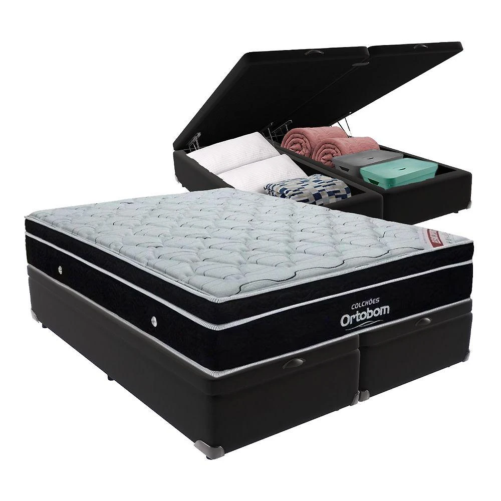 Cama+ Box Com Bau Ortobom Colchão Queen Com Molas Ensacadas Preto
