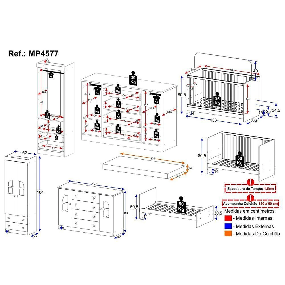 Quarto De Bebê Completo Com Berço 3 Em 1 Colchão Incluso Amora Multimóveis MP4577 Madeirado-branco