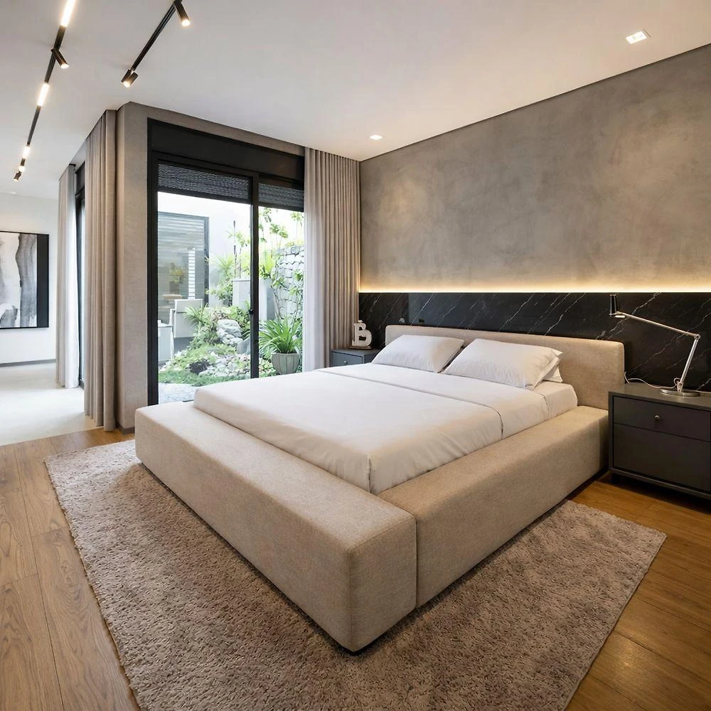 Cama Estofada Queen Lumina Base Baixa em Linho Premium Ocre Jasper Móveis