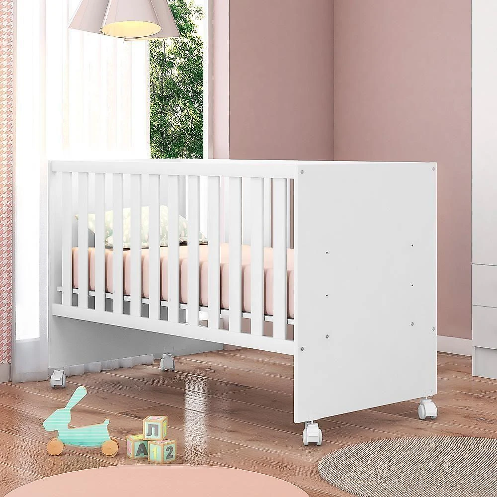 Conjunto Infantil Aurora Branco-branco: Berço Aurora + Rodízios + Guarda-roupa Com Cômoda Aurora