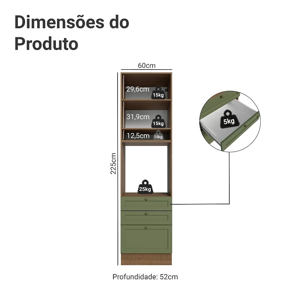 Torre quente 60 cm 1 porta 3 gavetas rustic/verde vik madesa