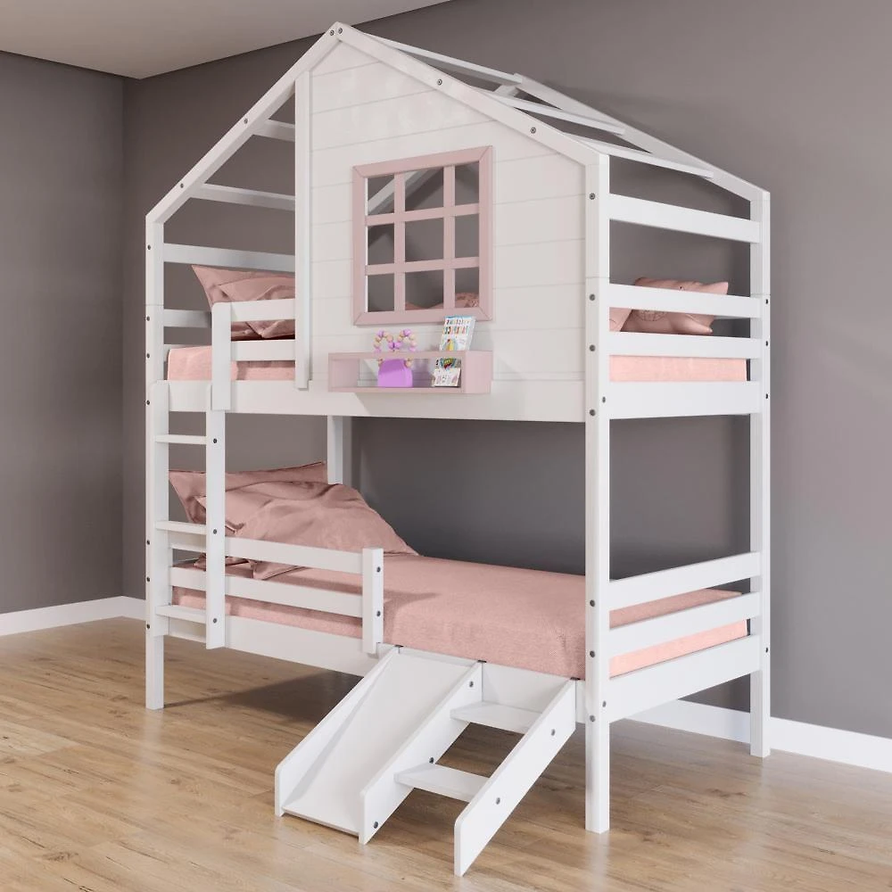Beliche Casinha Com Janela Com Escada- Escorregador E Grade De Proteção Madeira Branco- Rosa