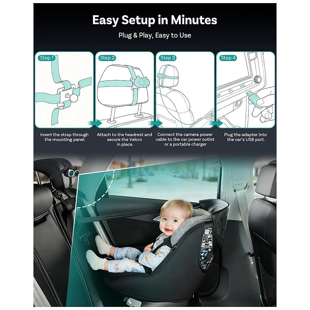 Câmera Automotiva para Bebê OTTOCAST Cabin Care CarPlay Sem Fio 1080P Visão Noturna 150° Preta 5V