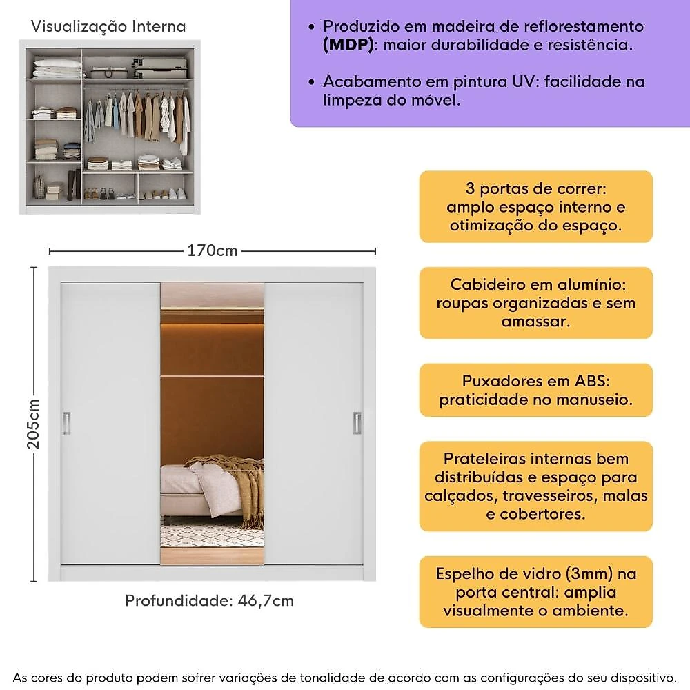 Miniatura Guarda-Roupa Casal Multimóveis Barcelona 3 Portas de Correr com Espelho CR35402 Branco