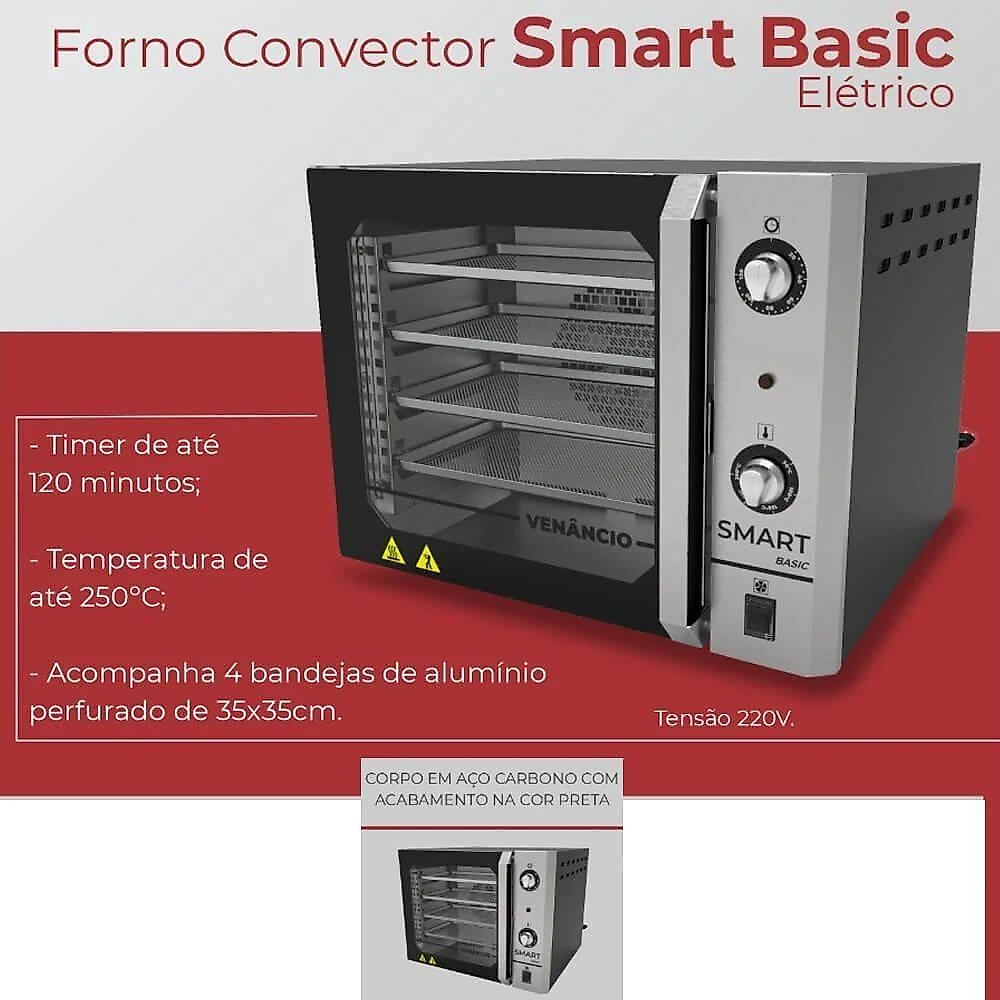 Forno Convector Venâncio Smart Basic 4 Esteiras Com Corpo Preto E Painel Inox 220V Fcsb4eprin