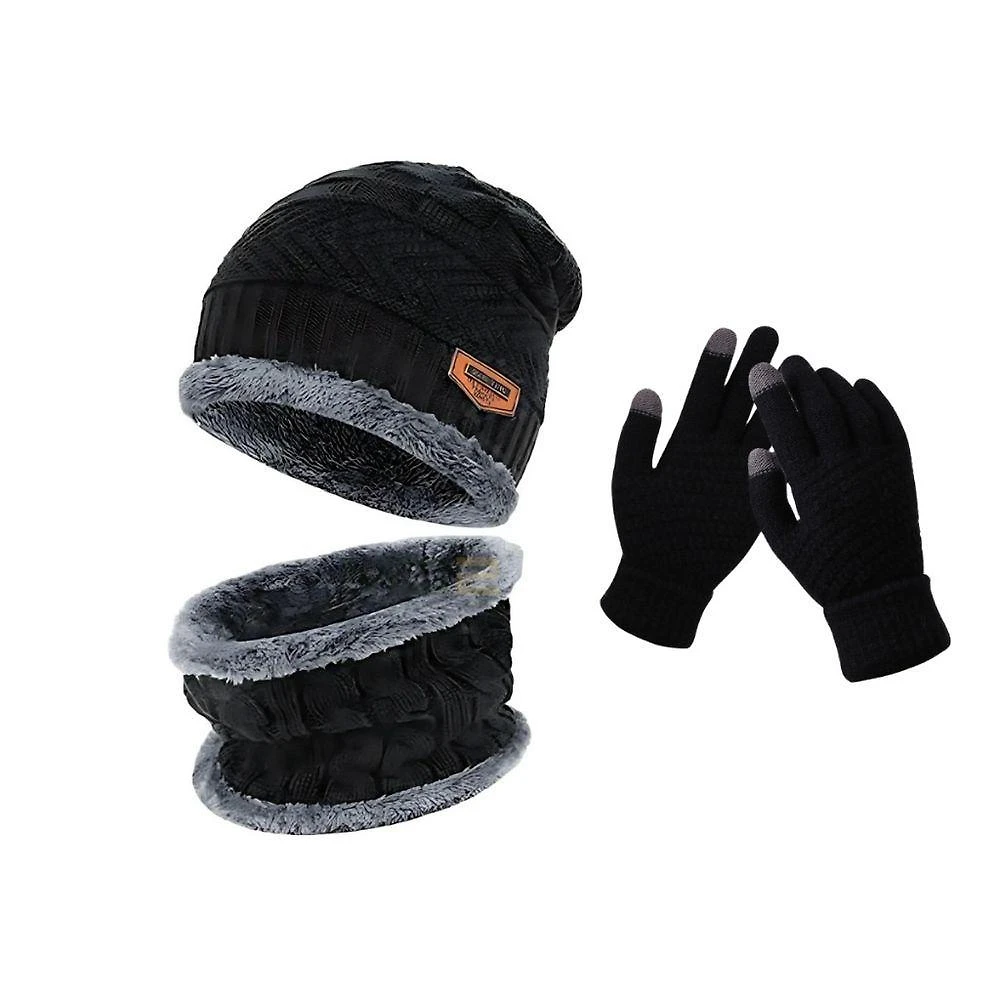 Kit de Frio Oem Geométrica 100% Lã Antialérgica com Luva Touch Touca e Protetor de Pescoço Preto