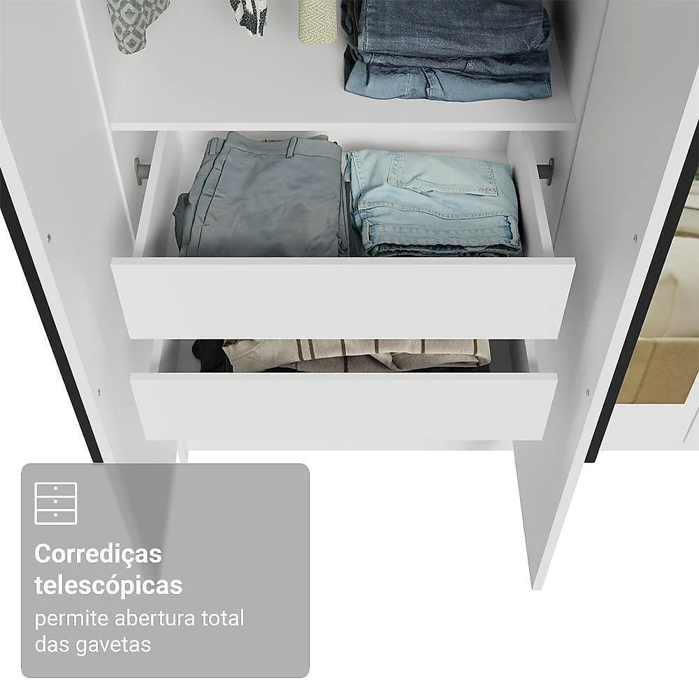 Guarda-roupa solteiro 4 portas batentes com espelhos branco/branco/preto venus madesa