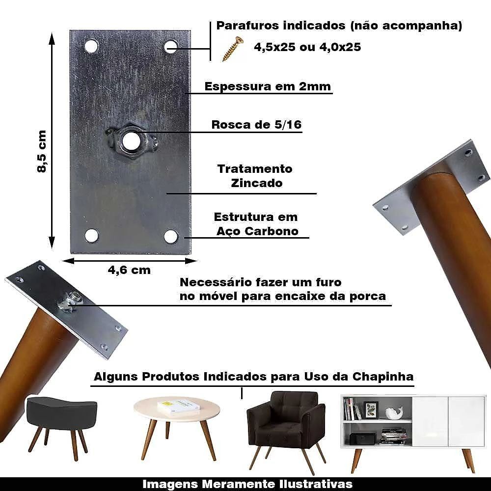 Kit 8 Chapinhas Reta Fixação Pés Palito Rosca 5/16 Zincada
