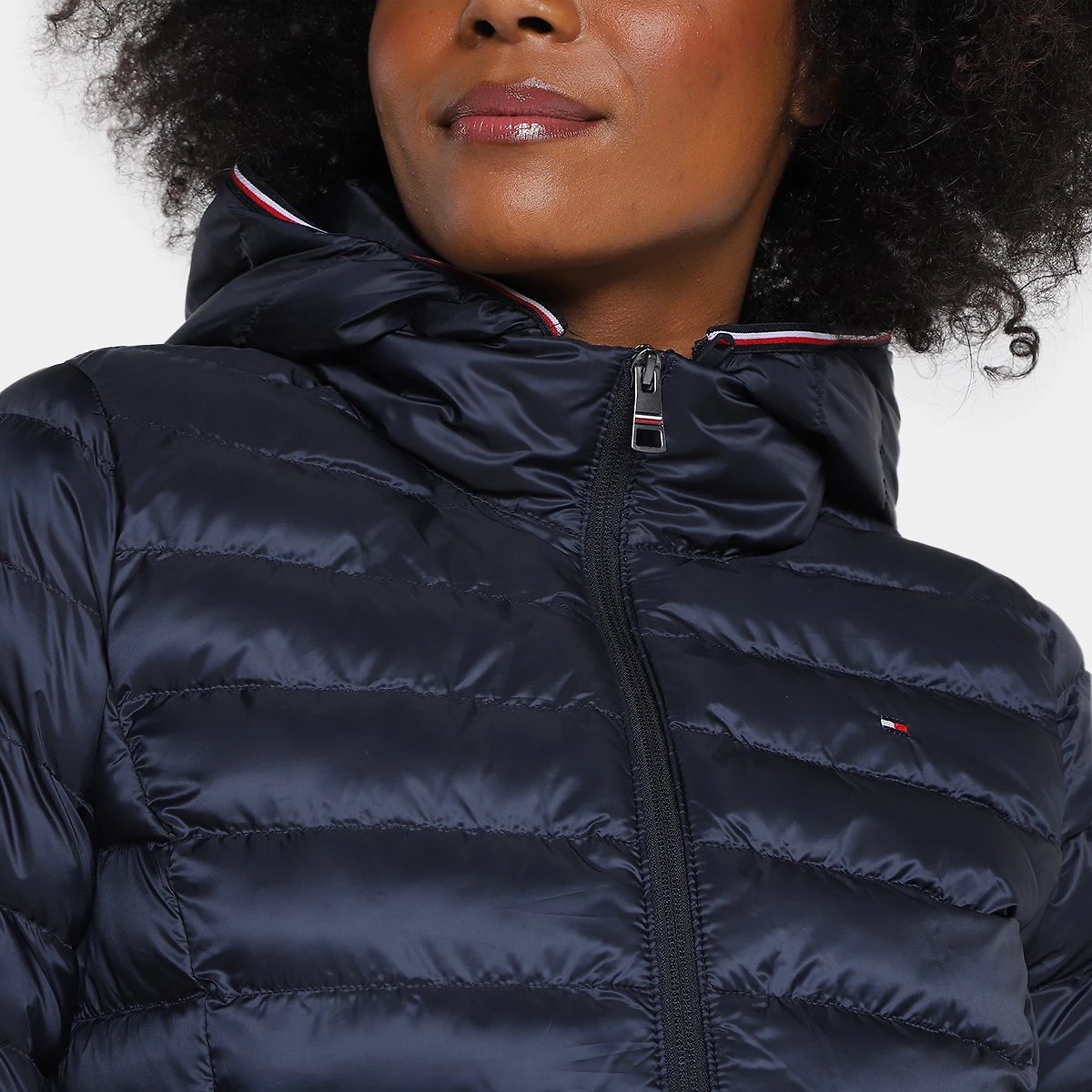 Miniatura Jaqueta Puffer Tommy Hilfiger Padded Global Stripe Com Capuz Feminina Marinho - G
