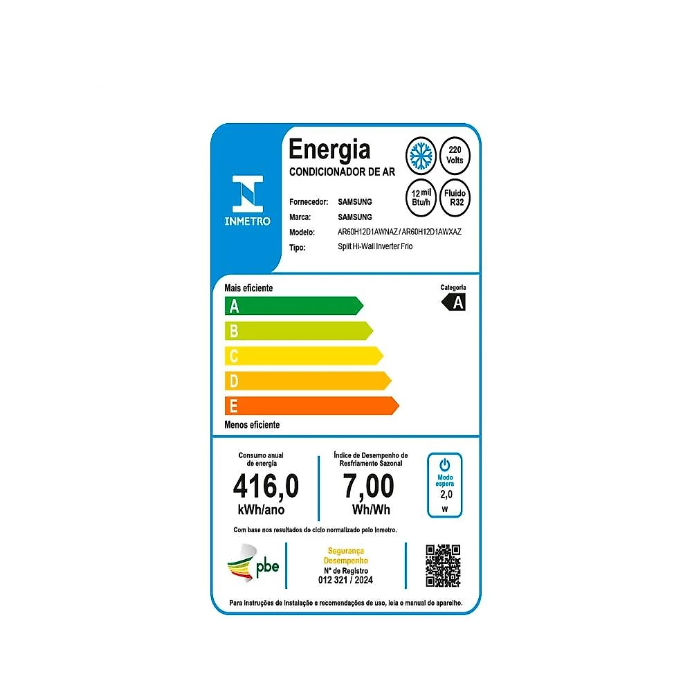 Ar-Condicionado Split Inverter 12000 BTUs Samsung WindFree AI Pro Wi-Fi High Wall Só Frio AR60H12D1AWNAZ/AR60H12D1AWXAZ 220V