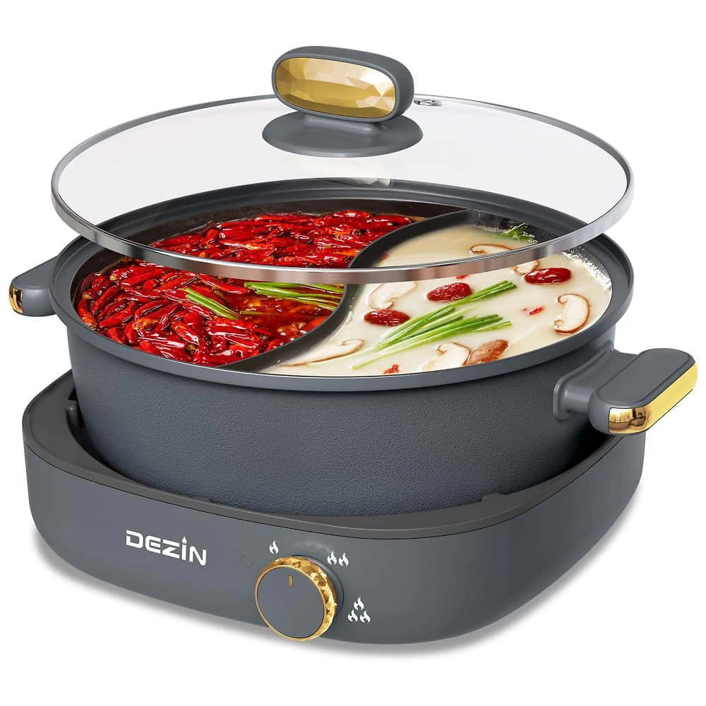 Miniatura Panela Elétrica 4L com Divisor, Controle Temperatura Ajustável e Antiaderente, 110V, DEZIN, Cinza
