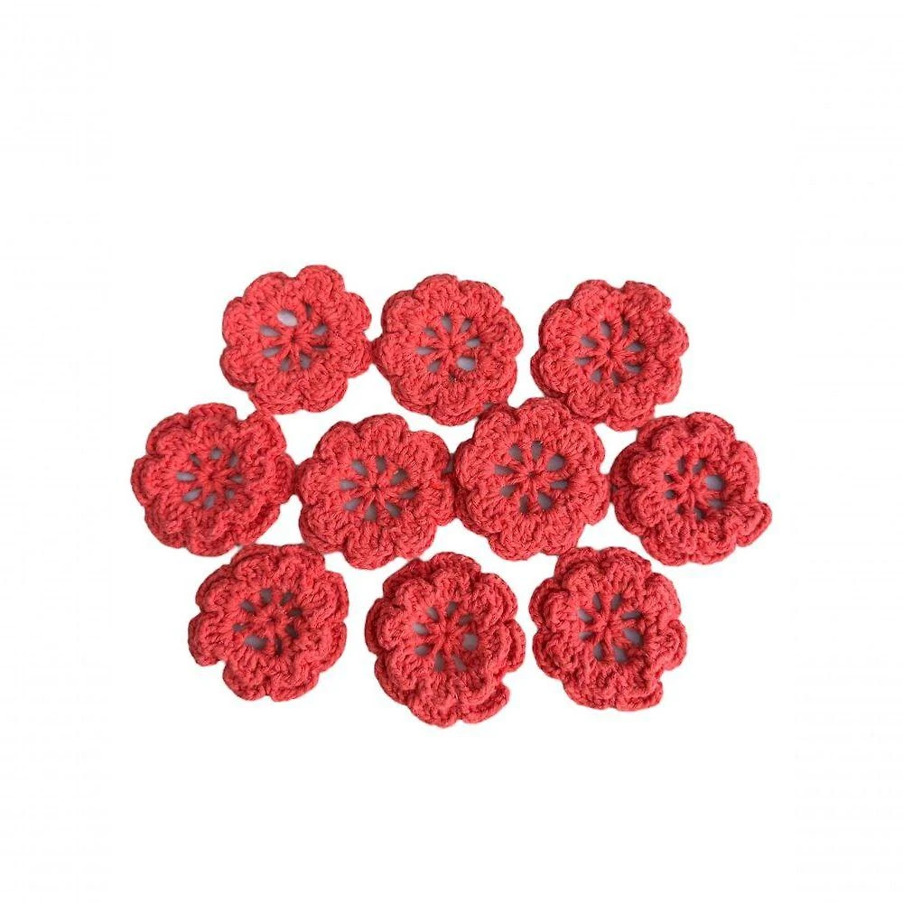 Kit 10 Flores e Folhas em Crochê Artesanal Barbante Melancia