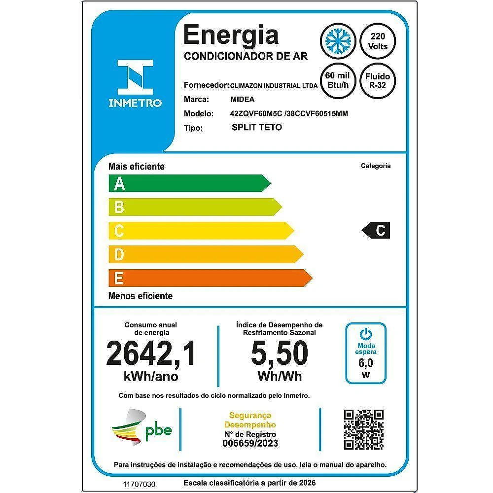 Ar condicionado split teto midea wi-fi 60000 btus frio inverter 220v r32 38ccvf60515mm