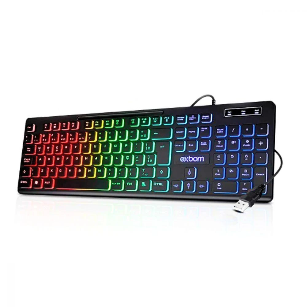 Teclado Gamer Multimídia Exbom BK-155C para Pc Semimecânico com Led Rgb Abnt2