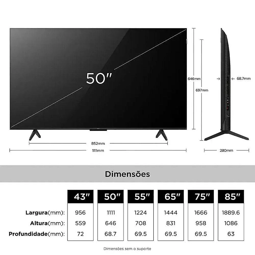 Smart TV TCL P7L 50 Polegadas 4K UHD QLED Preto Google TV Dolby Atmos Bivolt