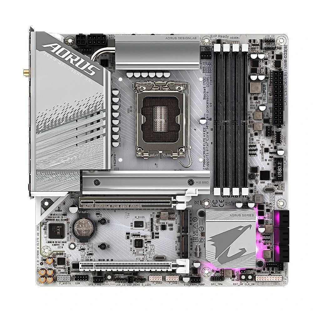 Placa-Mãe Gigabyte Z790M AORUS ELITE AX ICE, Intel, mATX, DDR5, RGB, Wi-Fi, Bluetooth, Branco - Z790M AORUS ELITE AX ICE