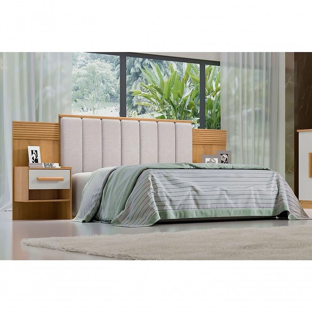 Cabeceira Para Cama Queen Size Ripada Irís Estofada Com 2 Mesas De Cabeceira D' Doro Cinamomo/off White/ripado