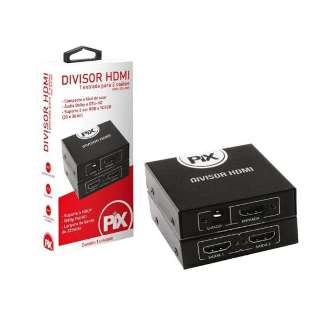 Divisor HDMI Pix 1.3 1 Entrada X 2 Saídas para Compartilhar Sinal em 2 Dispositivos Preto