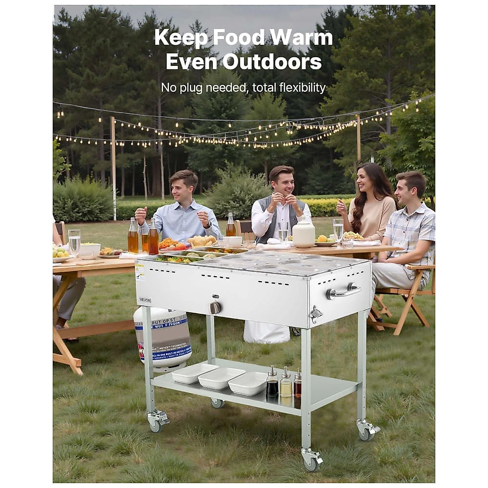 Mesa Aquecedora a Gás VEVOR GBW-9 9 Cubas Inox Rodízios Válvula de Drenagem Uso Externo