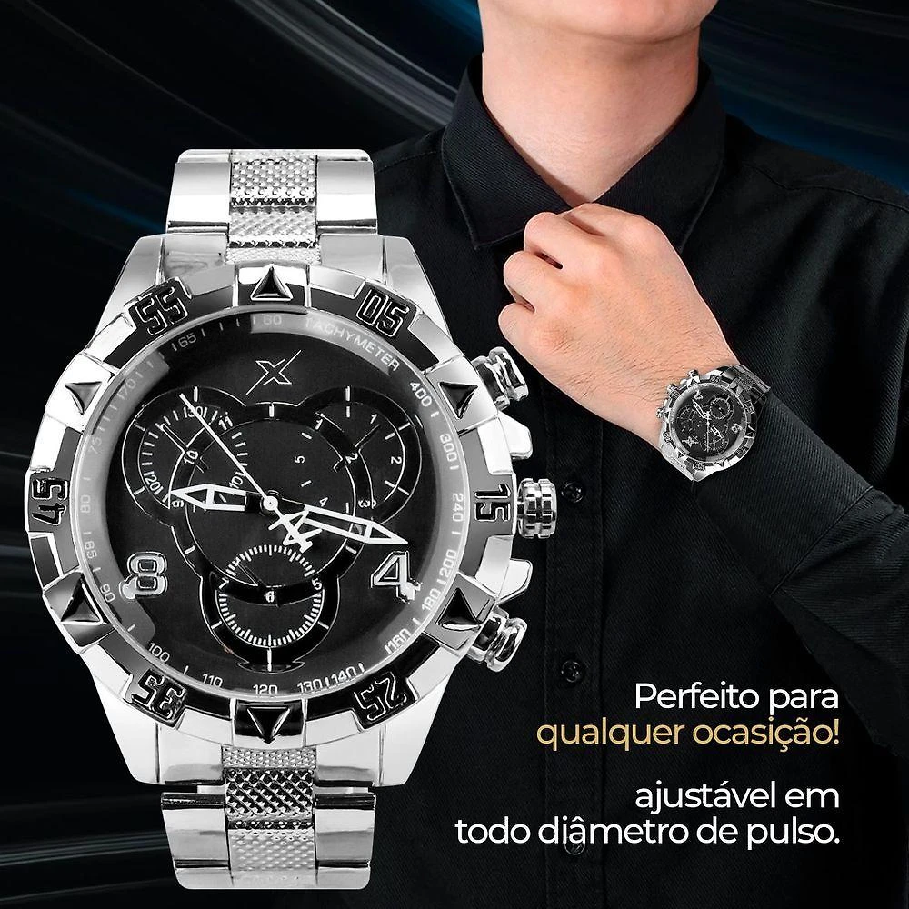 Miniatura Relogio Prata Masculino Aço Inoxidavel + Premium Caixa Grande Mostrador Preto Presente Social Casual