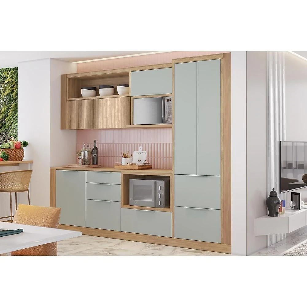 Cozinha Modulada Nesher Marquesa 10 Peças (2aéreos+2balcões+1paneleiro+5complementos) C6p69 Nature-verde-nesher