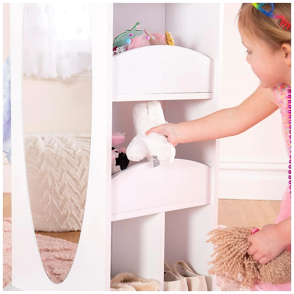 Armário infantil giratório para fantasias Guidecraft Rotating Dress-Up Storage Branco com espelhos, nichos e ganchos