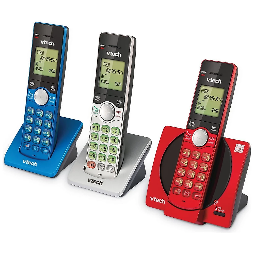 Telefone sem fio VTech com 3 ramais para casa, identificador de chamadas e viva-voz, modo ECO, montagem na parede - Vermelho/Azul/Cinza