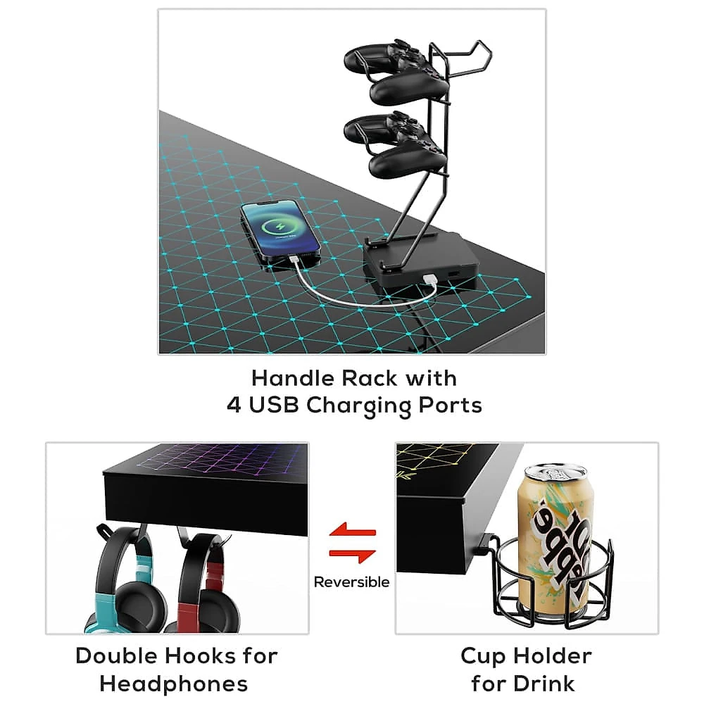 Mesa Gamer  Ergonômica 43" 109 cm com Ganchos para Fones de Ouvido, 4 Portas USB, Luz LED com Sincronização Musical e Suporte para Monitor, 110V, 110v