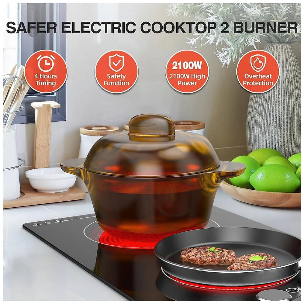 Cooktop Eltrico Porttil com 2 Bocas, 9 Nveis de Potncia, Trava para Crianas, Temporizador e Proteo Contra Superaquecimento, 110V 2100W, GTKZW, Preto 110v