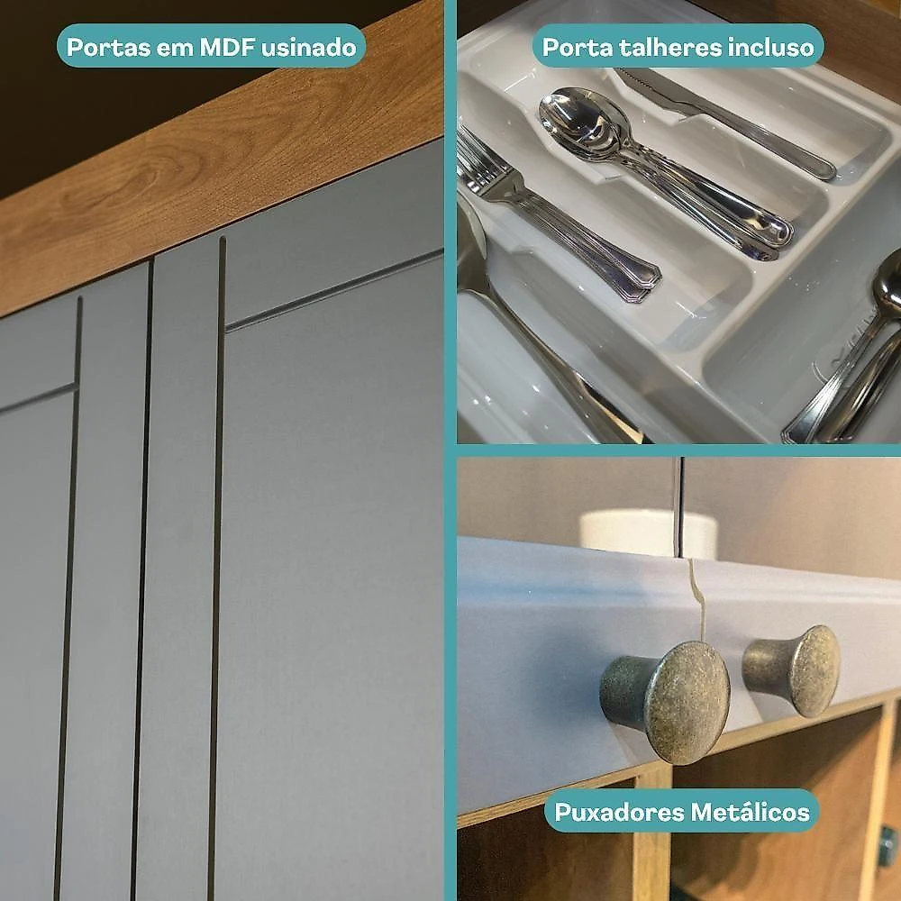 Cozinha Completa com Balcão Milla Living Life 15 Portas 3 Gavetas MDF-MDP 320CM Nogal com Cinza webcontinental-7893455167946