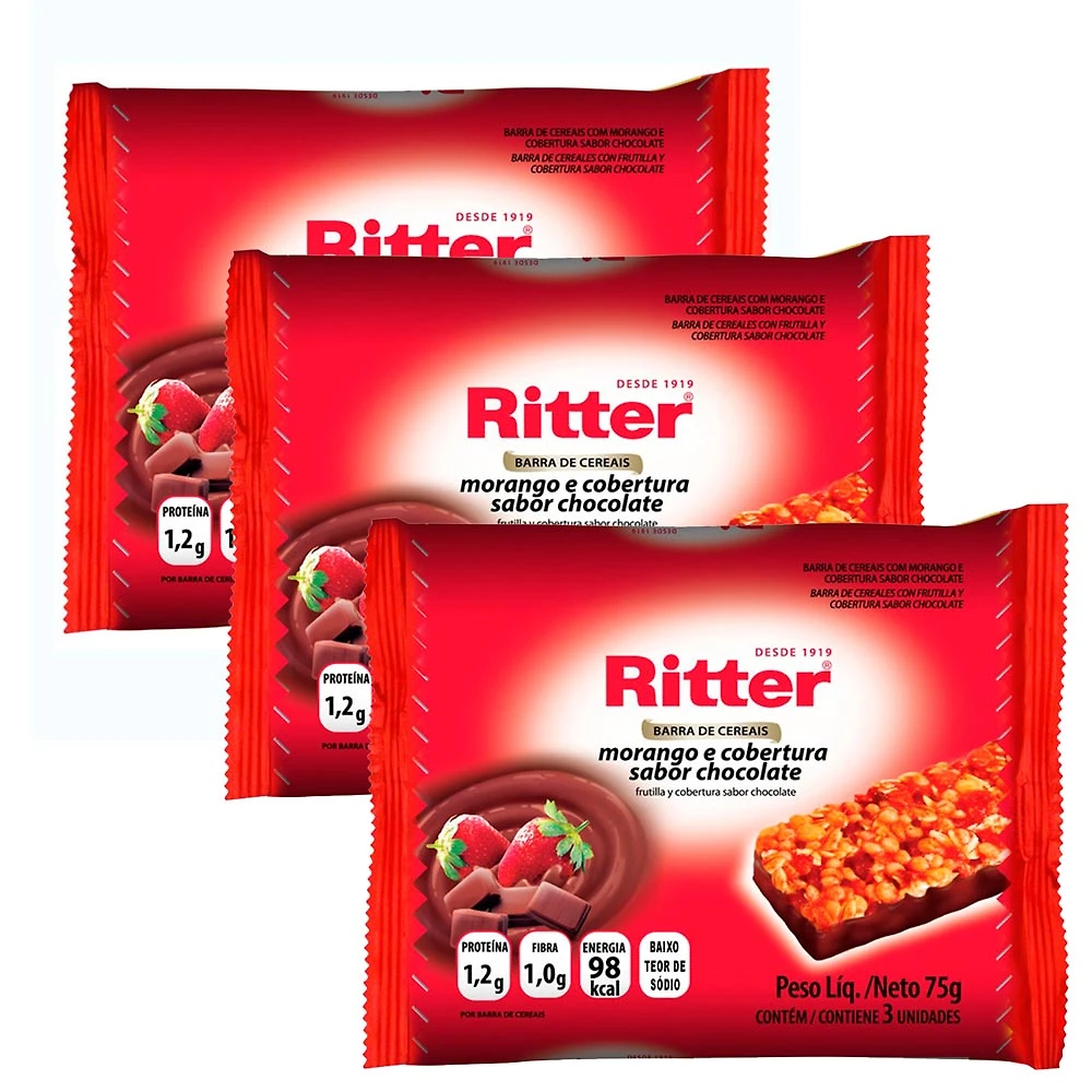 Kit 3 Barra de Cereais Ritter Morango e Cobertura Sabor Chocolate com 3 Unidades de 25g cada