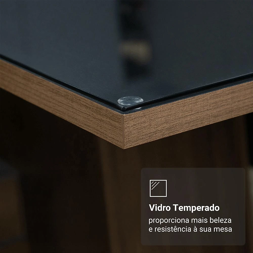 Conjunto Sala de Jantar Mesa Tampo de Vidro 8 Cadeiras Rustic/Preto Justine Madesa Rustic/Preto/Sintético Preto