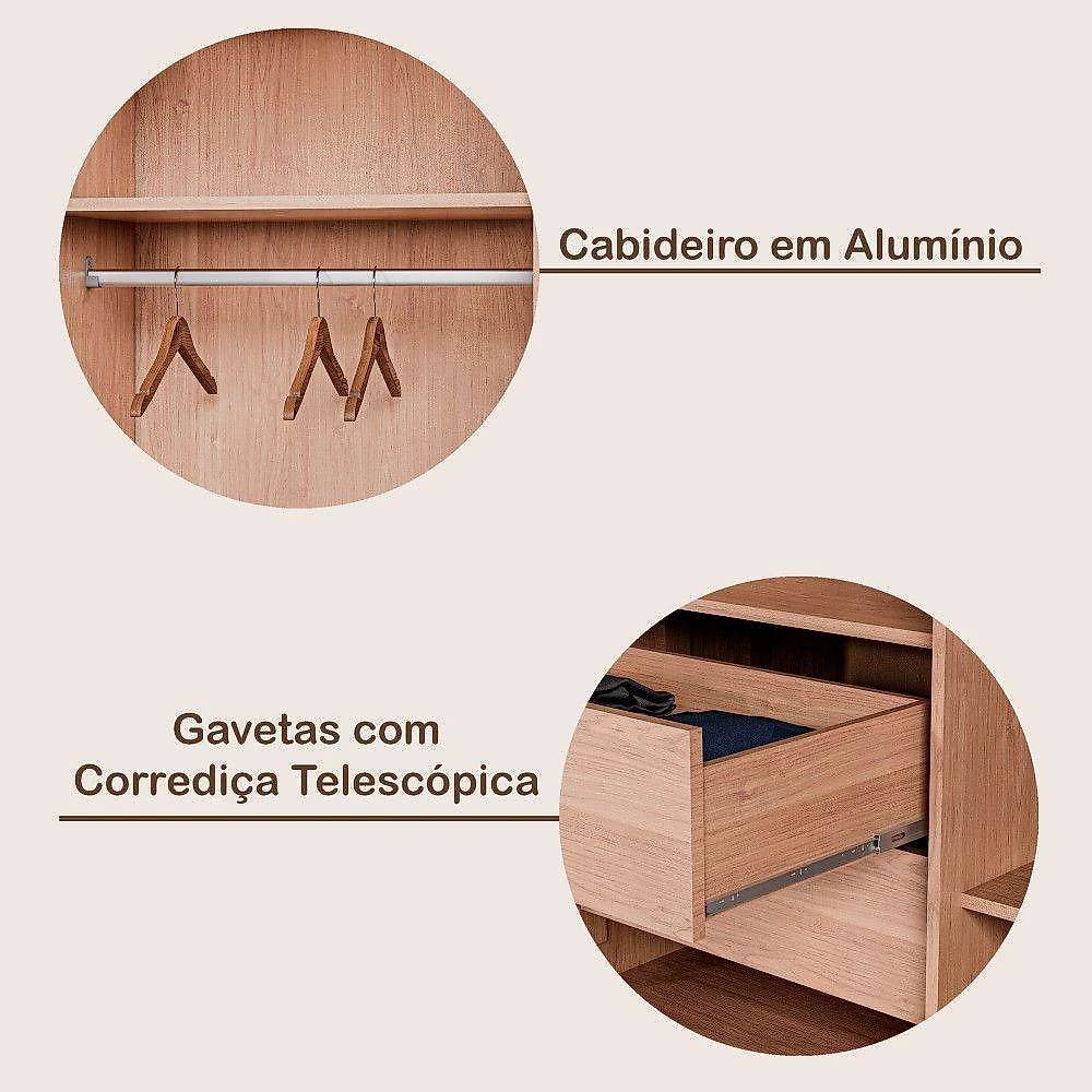 Guarda Roupa Vitória Casal 3 Portas 6 Gavetas 100% Mdf Peroba/off White/peroba