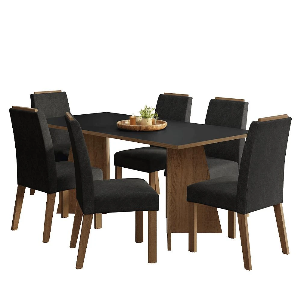Conjunto sala de jantar tampo de madeira 6 cadeiras rustic/preto/oxford minsk madesa
