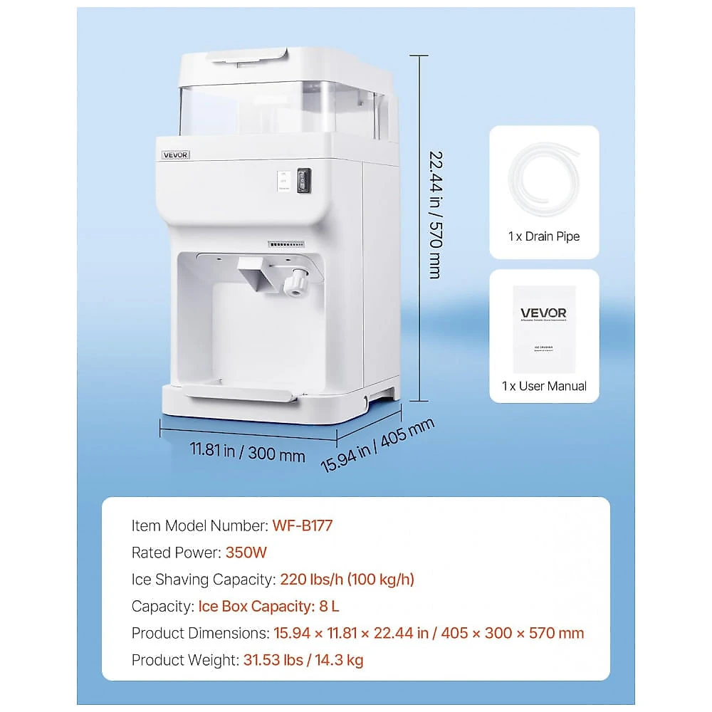 Máquina de Raspadinha VEVOR WF-B177 Branca 100 kg/h 350W Caixa de Gelo 8L 110V