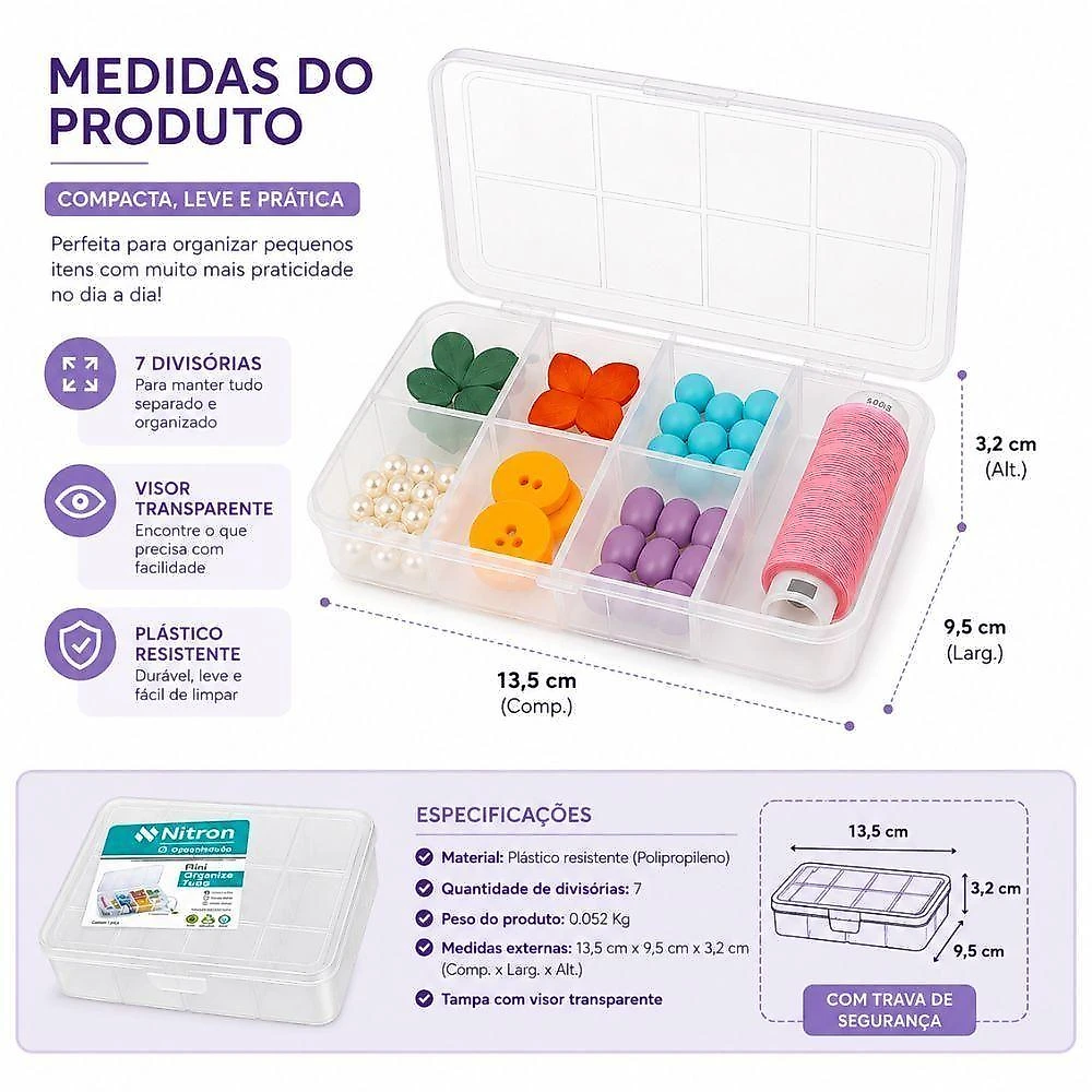 Caixa Organizadora Mini com 7 Divisórias Polipropileno Resistente com Visor Transparente