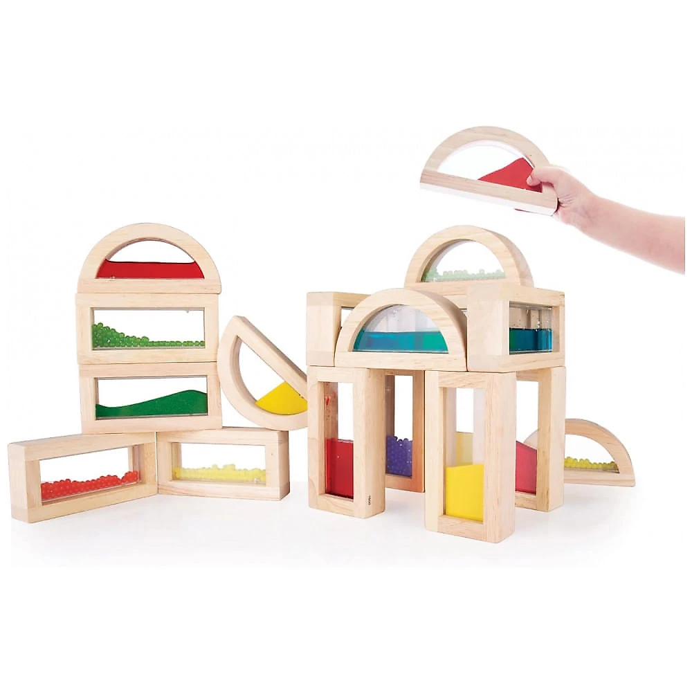 Blocos sensoriais Guidecraft Sensory Rainbow Blocks com 18 peças em madeira com água, areia e miçangas coloridas